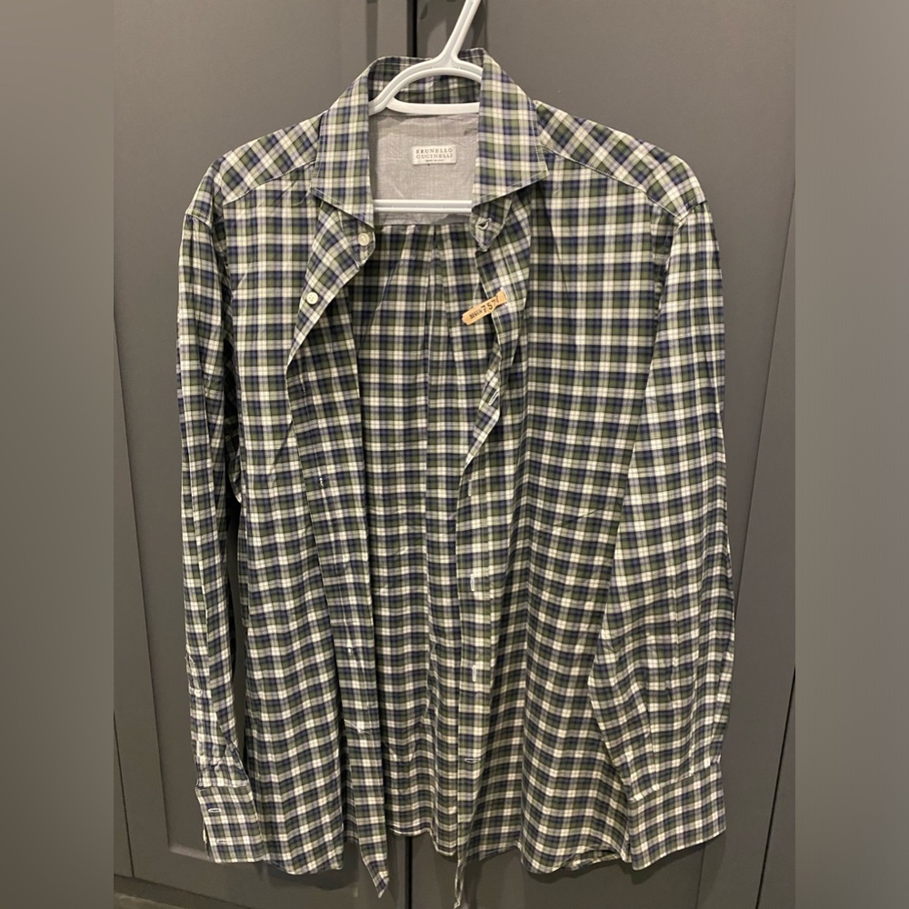 Brunello Cucinelli Men’s Button Up Size Large Green Checkered